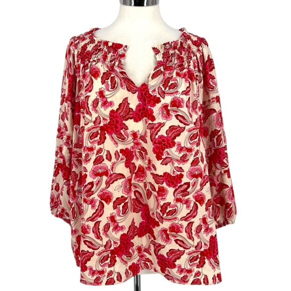 Rose + Olive Floral Smocked Puff Sleeve Blouse Red Pink Ivory Size Large - Picture 1 of 12